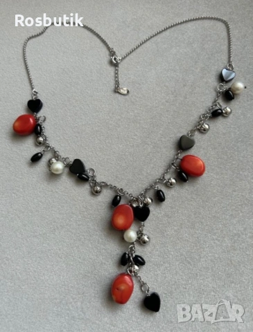Сребърно колие с естествени камъни перли, корали и оникс , снимка 2 - Колиета, медальони, синджири - 53260973