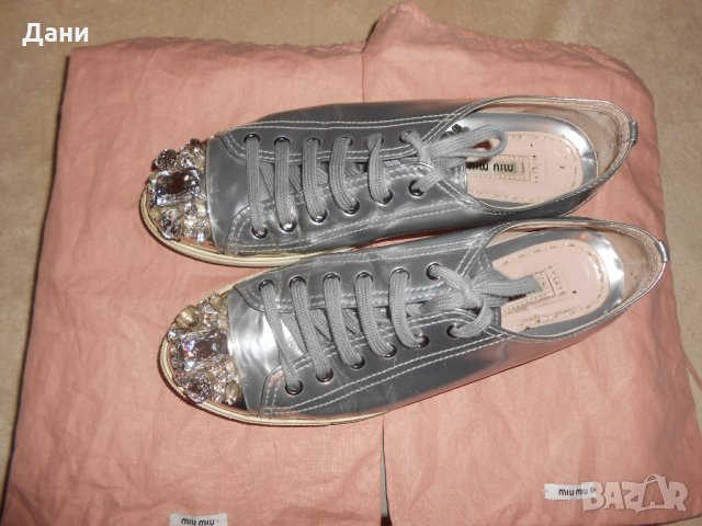 Miu Miu Silver Crystal Swarovski Leather Sneakers, снимка 4 - Дамски ежедневни обувки - 26638146