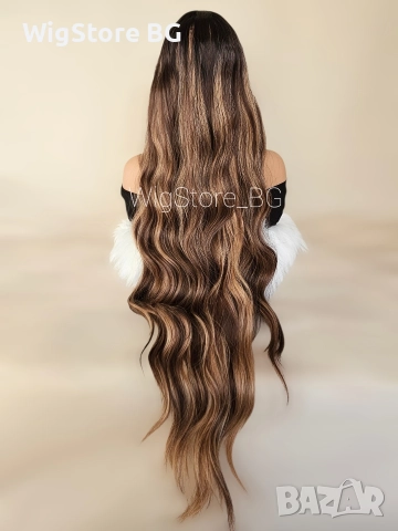 Дълга кафява къдрава перука на кичури с бретон, снимка 5 - Аксесоари за коса - 52756621