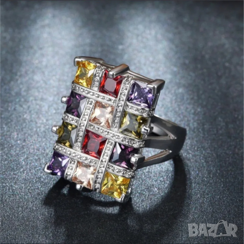 Пръстен с цветни кубични циркони, снимка 4 - Пръстени - 44890015