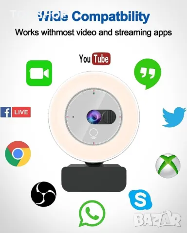InstyQ 1080P уеб камера за стрийминг със светлина, микрофон 90° изглед, снимка 7 - Друга електроника - 49731150