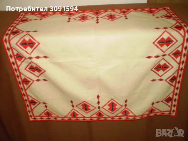 Винтидж ръчно бродирано памучно каре покривка червена бродерия, снимка 5 - Покривки за маси - 49447485