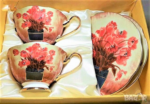 Красиви чаши за кафе с цветя от костен порцелан, снимка 13 - Сервизи - 33270333