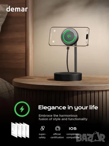 Threekey 15W Qi2 Mag-safe Съвместима безжична зарядна стойка за iPhone и Airpods, черна, снимка 7 - Безжични зарядни - 49095171