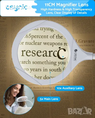Увеличителна лампа eSynic / Акумулаторна Лампа с Лупа / Лампа за Четене, снимка 7 - Други - 49663020