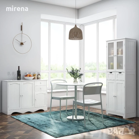 Висок шкаф за баня, стъклена врата и рафтове, 2 чекмеджета, бял, снимка 5 - Бюфети - 53145158