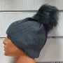 Нова зимна дамска шапка с камъчета отпред и с пух/помпон в тъмносив цвят, снимка 3