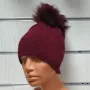 Нова зимна дамска шапка с камъчета отпред и с пух/помпон в цвят бордо, снимка 2