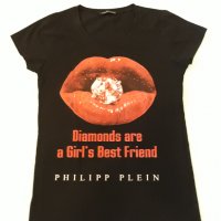 PHILIPP PLEIN маркова тениска "Устни и Диаманти". С камъни + памук и еластан. , снимка 2 - Тениски - 37423503
