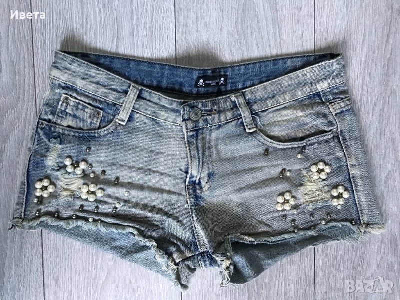 Дънкови панталонки с перли, снимка 1