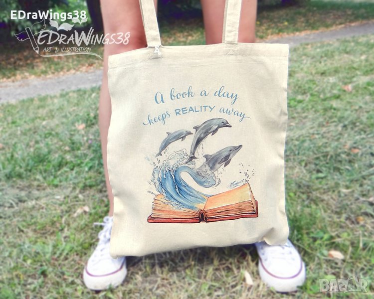 Текстилна чанта / торба за пазар с дълги дръжки "Делфини" /принт, авторска илюстрация/, снимка 1