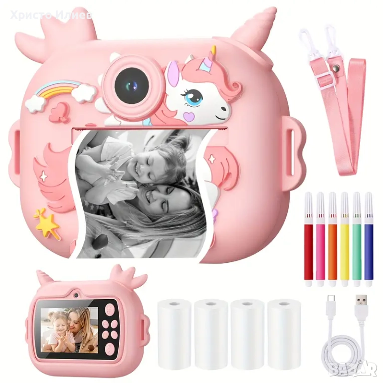 Детска камера с функция за печат Детски фотоапарат с дисплей за моментни снимки Розов, снимка 1