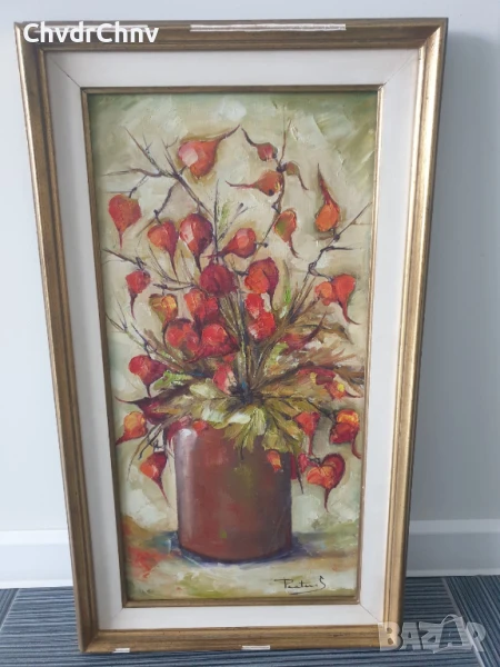 70х40см/стара голяма картина масло върху платно/натюрморт ваза с цветя/китайски фенери/дървена рамка, снимка 1