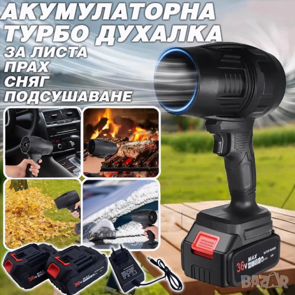 Мощна акумулаторна духалка 1500W с две батерии – Турбо пистолет за листа, прах, сняг и подсушаване, снимка 1