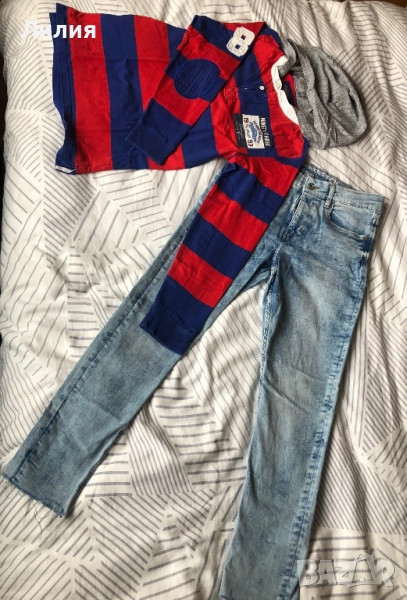 Дънки и памучен поло-шърт с дълъг ръкав, за момче 152, снимка 1