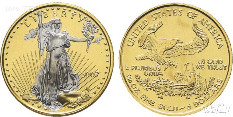 5 долара златна монета с платина Американски орел 1/10 oz 2007, снимка 1