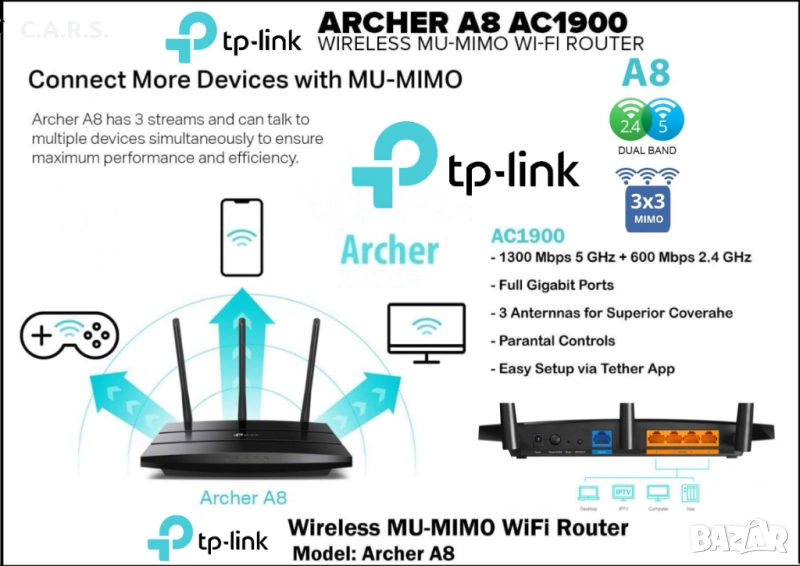TP-Link Archer A8, AC1900, MU-MIMO, Gigabit, Dual Band, снимка 1