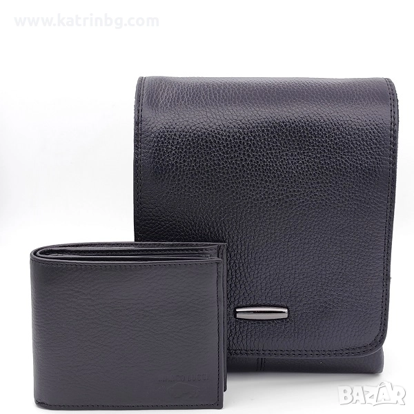 Подаръчен комплект за мъж -Чанта с капак и портфейл от естествена кожа в черно, снимка 1