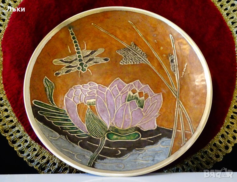 Бронзова чиния,плато,пано с картина клъчен емайл. , снимка 1