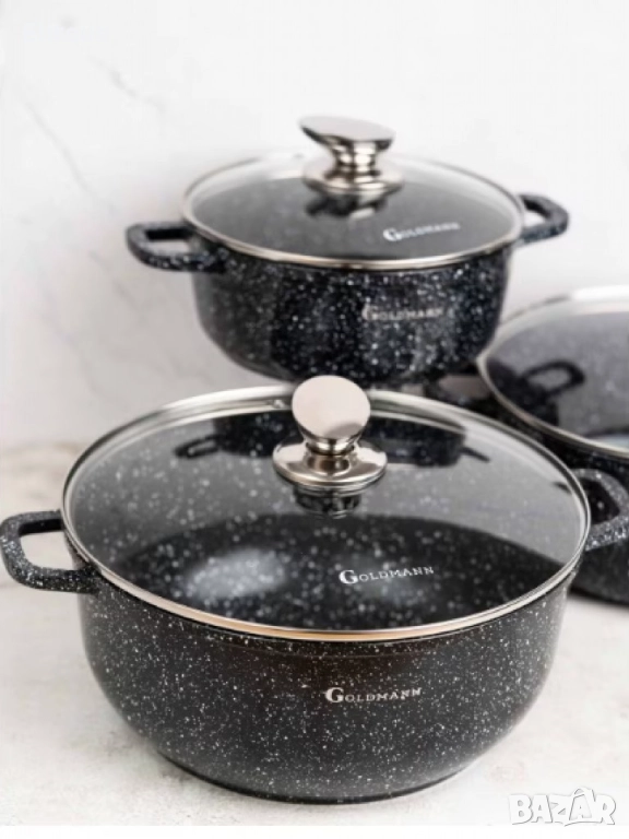 Комплект тенджери Goldmann, 20/24/28см.-2.3л./4.5л./6.5л. , Лят алуминий, Мраморно покритие, Индукци, снимка 1