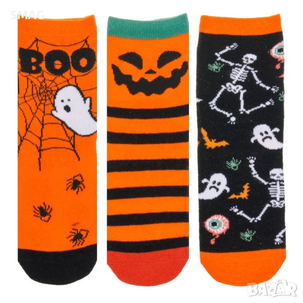 Halloween / Хелоуин чорапи с фигури на паяци, в оранжево и черно – 3 чифта_1252952, снимка 1
