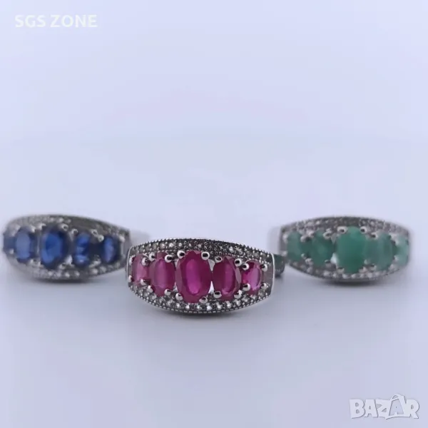Сребърен Пръстен с Рубин, Сапфир, Изумруд с Прозрачен Топаз , снимка 1