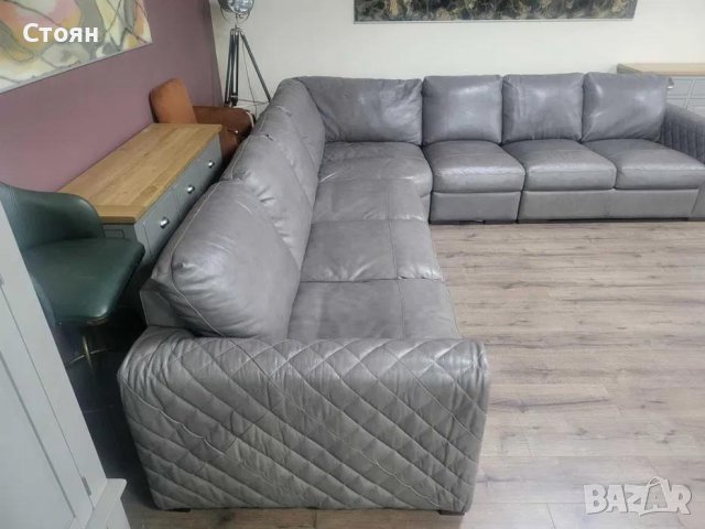 Голям сив кожен ъглов диван, снимка 7 - Дивани и мека мебел - 43290361