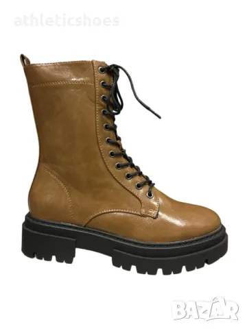 Дамски боти от мека еко кожа с връзки и цип в кафяво - 2122