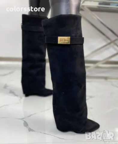 Ботуши на платформа - черен велур - K-40