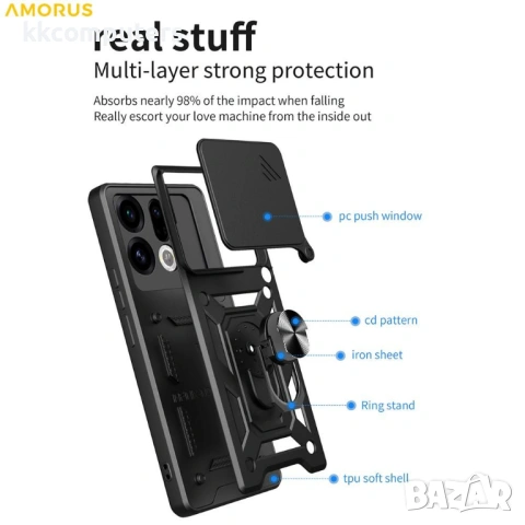 Калъф AMORUS за Oppo Find X9 5G - PC+TPU, Стойка, Плъзгащ се капак за камера, Магнитен, Вкл. Протект, снимка 12 - Калъфи, кейсове - 53412036