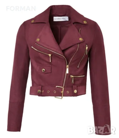 УНИКАЛНО късо яке в цвят вино със златисти ципове и копчета 