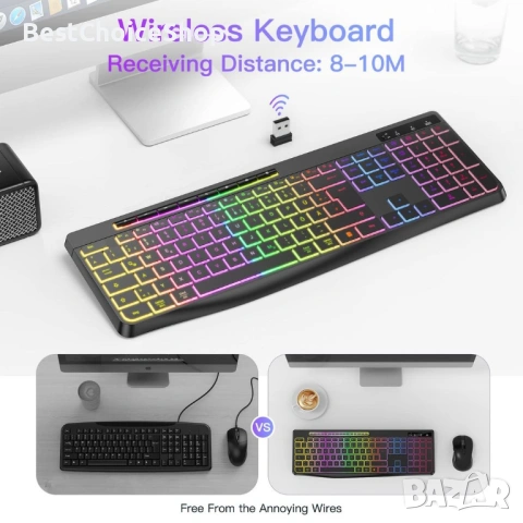 TECURS WK007 Wireless Keyboard – Безжична клавиатура с подсветка, водоустойчива, снимка 5 - Клавиатури и мишки - 53388903