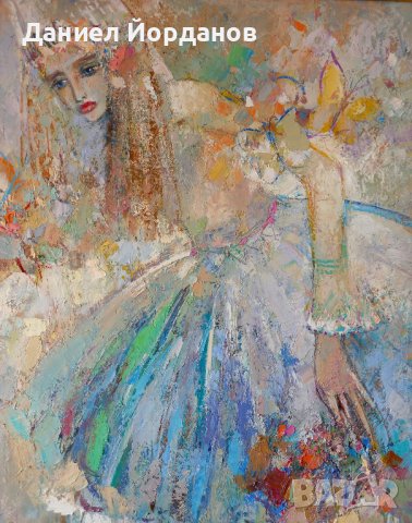 Картина маслени бои на платно "Момиче със забравени цветя", 80 х 80 см, снимка 2 - Картини - 40209100