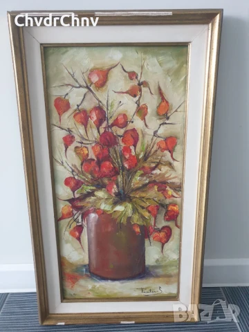 70х40см/стара голяма картина масло върху платно/натюрморт ваза с цветя/китайски фенери/дървена рамка