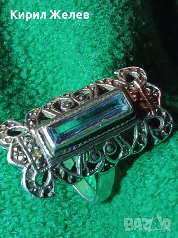 СТАРИНЕН РАЗКОШЕН АРТ НУВО СРЕБЪРЕН СКЪПОЦЕНЕН ПРЪСТЕН с РЪЧНО ЮВЕЛИРНО ФАСЕТИРАН СИН ЦИРКОНИЙ 40988