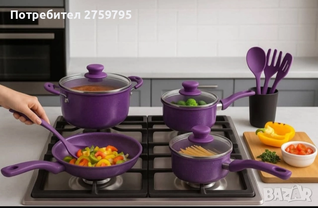 НОВО.Лилав комплект от 13 части с незалепващо покритие+Комплект от 6 части розови кухненски ножа ., снимка 2 - Други - 52342209