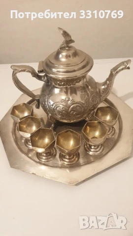 Красив антикварен посребрен бронзов сервиз за ракия. , снимка 1