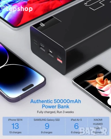 НОВА зарядна батерия 50000mAh / 185Wh / 22.5W Power Bank / пауър банк / външна батерия с фенерче..., снимка 2 - Друга електроника - 50577314