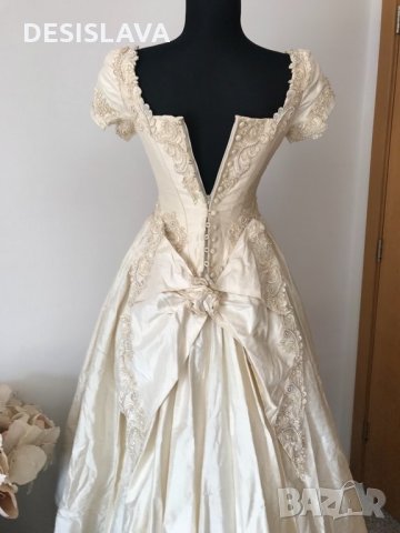 Сватбена булчинска рокля царствена естествена сурова коприна шампанско с шлейф, снимка 9 - Сватбени рокли - 26436671