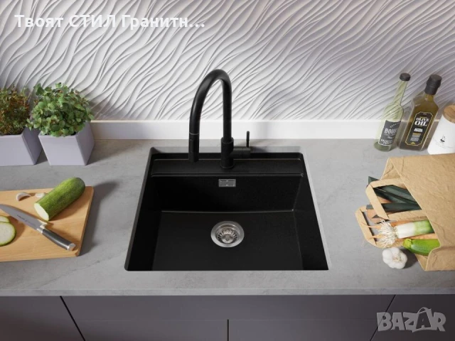 Черна кухненска мивка за вграждане под плот Берген 60 Low 560x530 мм, снимка 5 - Мивки - 51415907