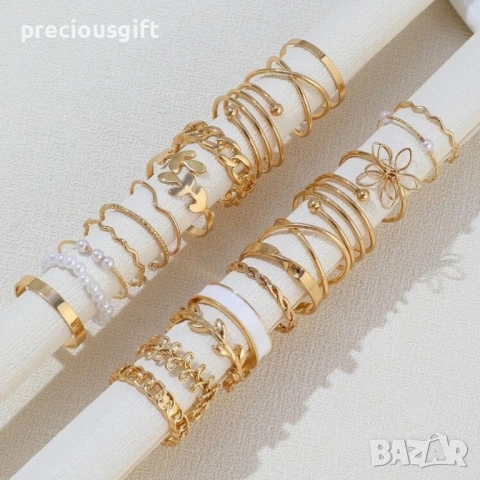 Комплект бижута - 22 броя пръстени, налични в цвят сребро или злато, снимка 11 - Пръстени - 53071118