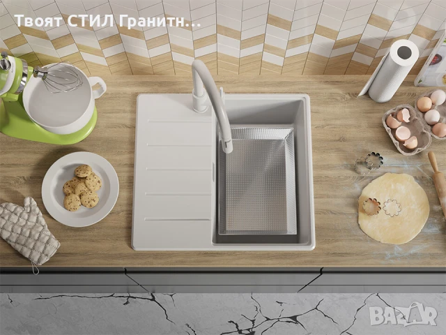 Бяла кухненска гранитна мивка Копенхаген 40 Top 550 x 500 мм, снимка 6 - Мивки - 51015721