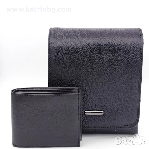 Подаръчен комплект за мъж -Чанта с капак и портфейл от естествена кожа в черно