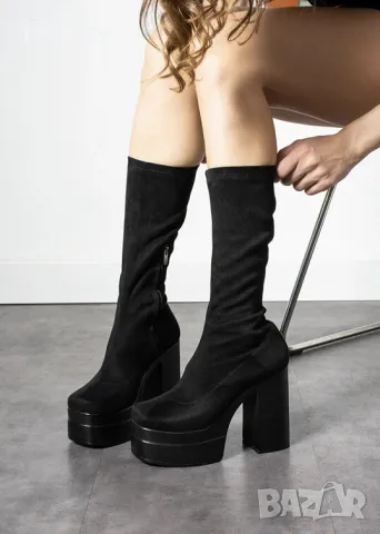 Ботуши на ток - черен велур с черно ходило, снимка 2 - Дамски ботуши - 49972948