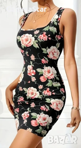 Секси черна рокля на цветя , снимка 2 - Рокли - 52566740