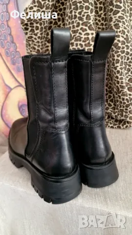 Стилни Ежедневни Черни Боти Естествена Кожа ZARA Chunky Chelsea Колекция, снимка 8 - Дамски ботуши - 50150130