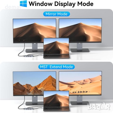 USB C към 2 HDMI адаптер за два монитора, 6 IN 1 докинг станция, снимка 4 - Кабели и адаптери - 43186808