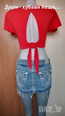 Дънкова пола с кристали и къс  еластичен топ🍀♥️XS,S,S/M♥️🍀арт..4414, снимка 2 - Комплекти - 37597109