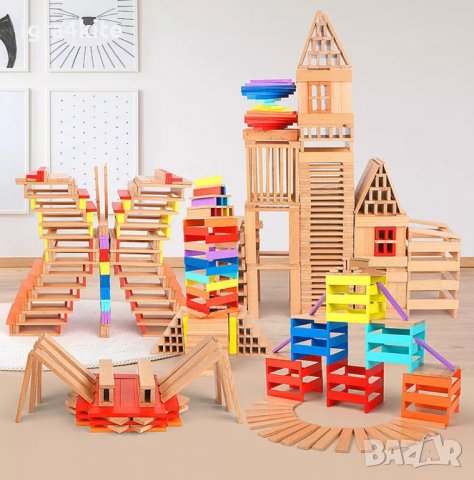 Креативен строител 100 бр. с дървени пластини от масивно дърво City Blocks, снимка 3 - Образователни игри - 36816217