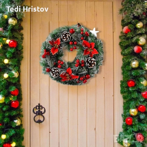 Коледен венец за декорация с шишарки и изкусветни коледни звезди, снимка 2 - Декорация за дома - 52419663